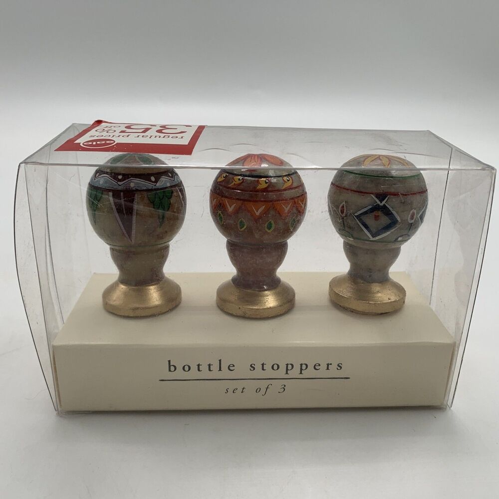 Pier 1 Stone Bottle Stoppers Hand Painted Ethnic Floral Set of 3